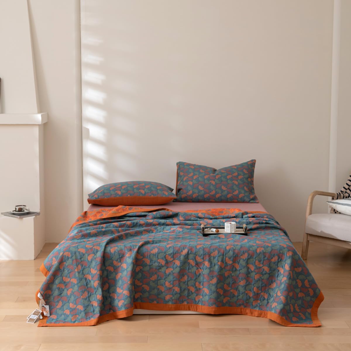 100% Cotton Muslin Blanket Jacquard Floral Ginkgo Leaves Print Quilt, Soft Bed Cover 3 Layers Reversible Bedspread Coverlet Breathable Lightweight Bedding King(98"x94"), No Pillow Sham - Image 5