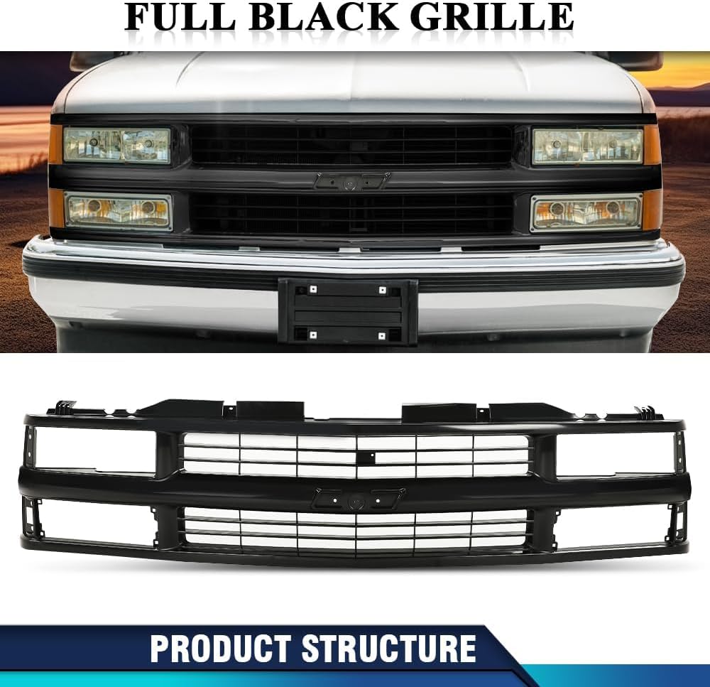 PIT66 Grille Full Grill Compatible with 1994-2000 Chevy C/K 1500 2500 3500 Suburban Tahoe for Models with Sport Package 15981092, GM1200239 Black