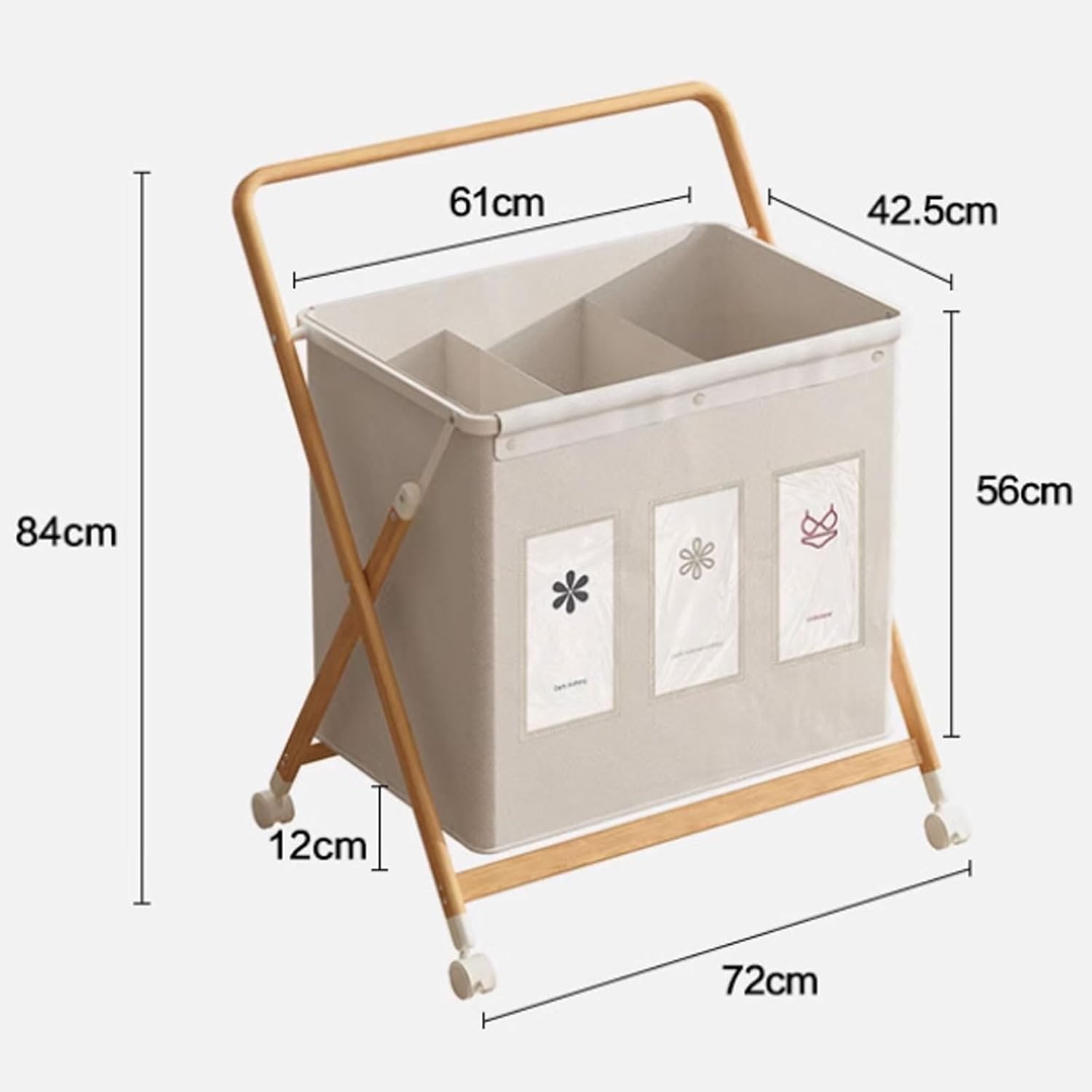 Laundry Sorter 3 Section Large Rolling Laundry Hamper with Wheels Aluminum Frame, Cationic Fabric No Need To Install Laundry Cart (Natural)