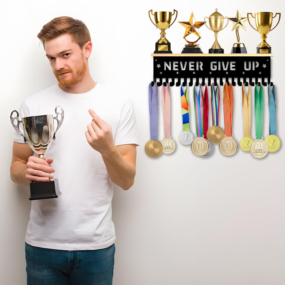 SUPERDANT Appendini per Medaglie Mensola Trofei in Legno Portamedaglie Metallico Display per Medaglie Appendimedaglie da Parete Portamedaglie Sportivi Portanastro