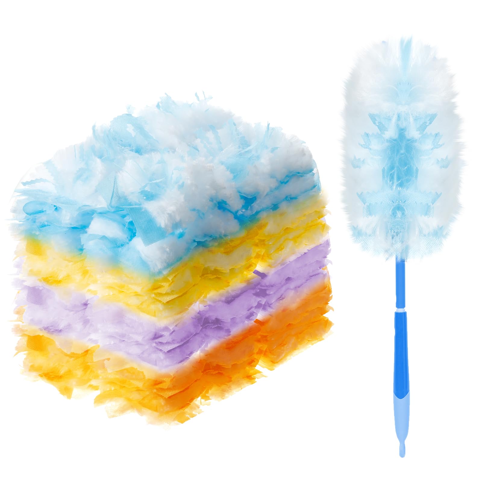 Vesici 50 Pcs Duster Refills Compatible with Swiffer Dusters Bulk Disposable Replacement Thickened with 1 Handle Heavy Duty for Cleaning, Office (Yellow,Blue,Orange,Purple)