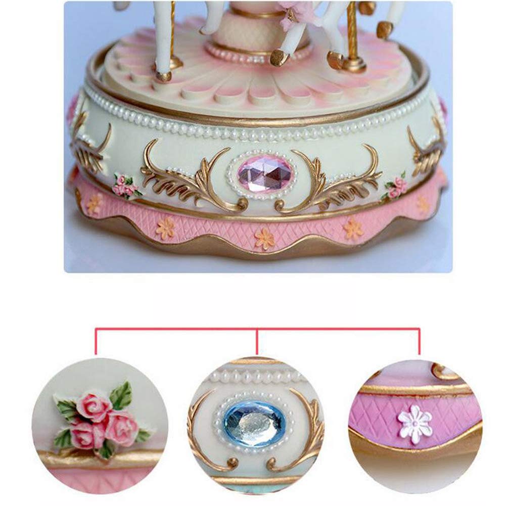 MOVKZACV Caja de música para niñas, carrusel de 3 caballos, giratoria, regalo musical para hija, cumpleaños, Navidad, festival, caja de música (rosa)