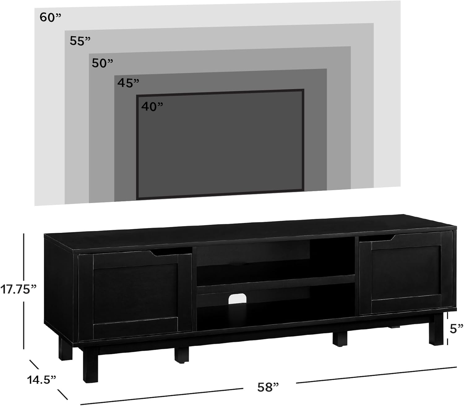 Diagram showing dimensions of the TV stand and compatible TV sizes