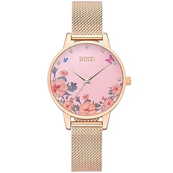 BINZI Womens Watch Analog Ultra-Thin Waterproof Camellia Diamonds Ladies Wristwatch Rose Gold Stainless Steel Mesh Band Gift for Girls