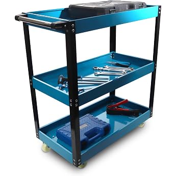 Bituxx Workshop Trolley 3-Tier Heavy Duty Tool Trolley with Wheels Tool Tray for Garage & Workshop Mobile Metal Trolley Sturdy Tool Cart with Handle 3 Tier Levels