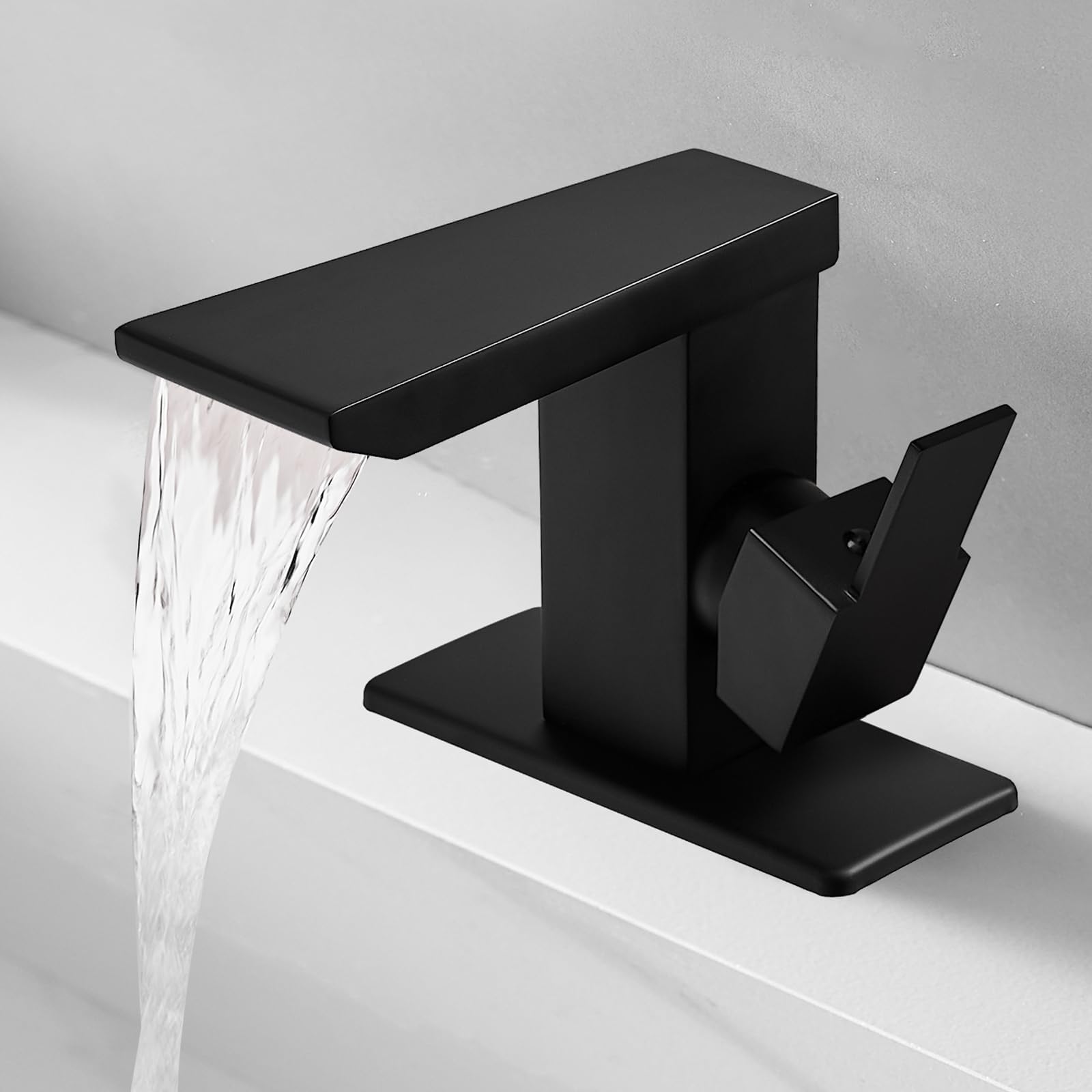 BESy Stainless Steel Waterfall Spout Black Bathroom Faucet, Single Hole 1 Hole 3 Holes Single Handle Bathroom Sink Faucet, Rv Vanity Faucet with 6 Inch Deck Plate, cUPC Waterlines, Matte Black
