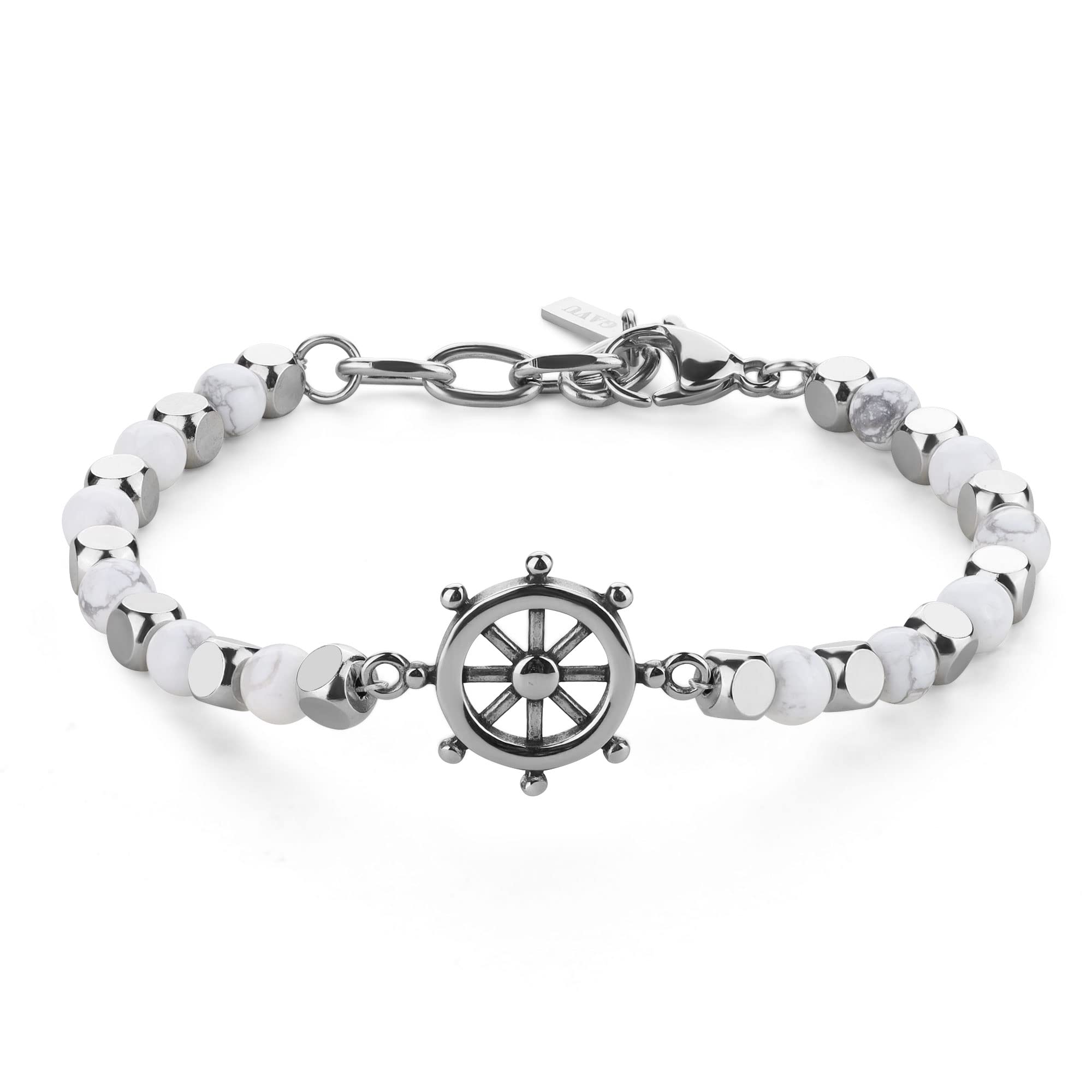 GAVUPulsera Timón para Hombre con Cuentas de Piedras Semipreciosas y Pepitas Cuadradas de Acero Inoxidable