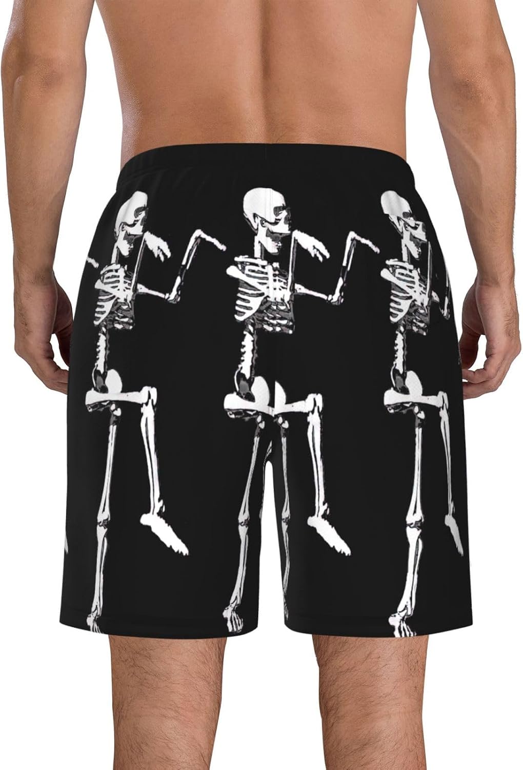 Halloween Posable Skeleton Skull Print Men's Hawaiian Casual Beach Shorts,Quick Drying Shorts Swim Trunks