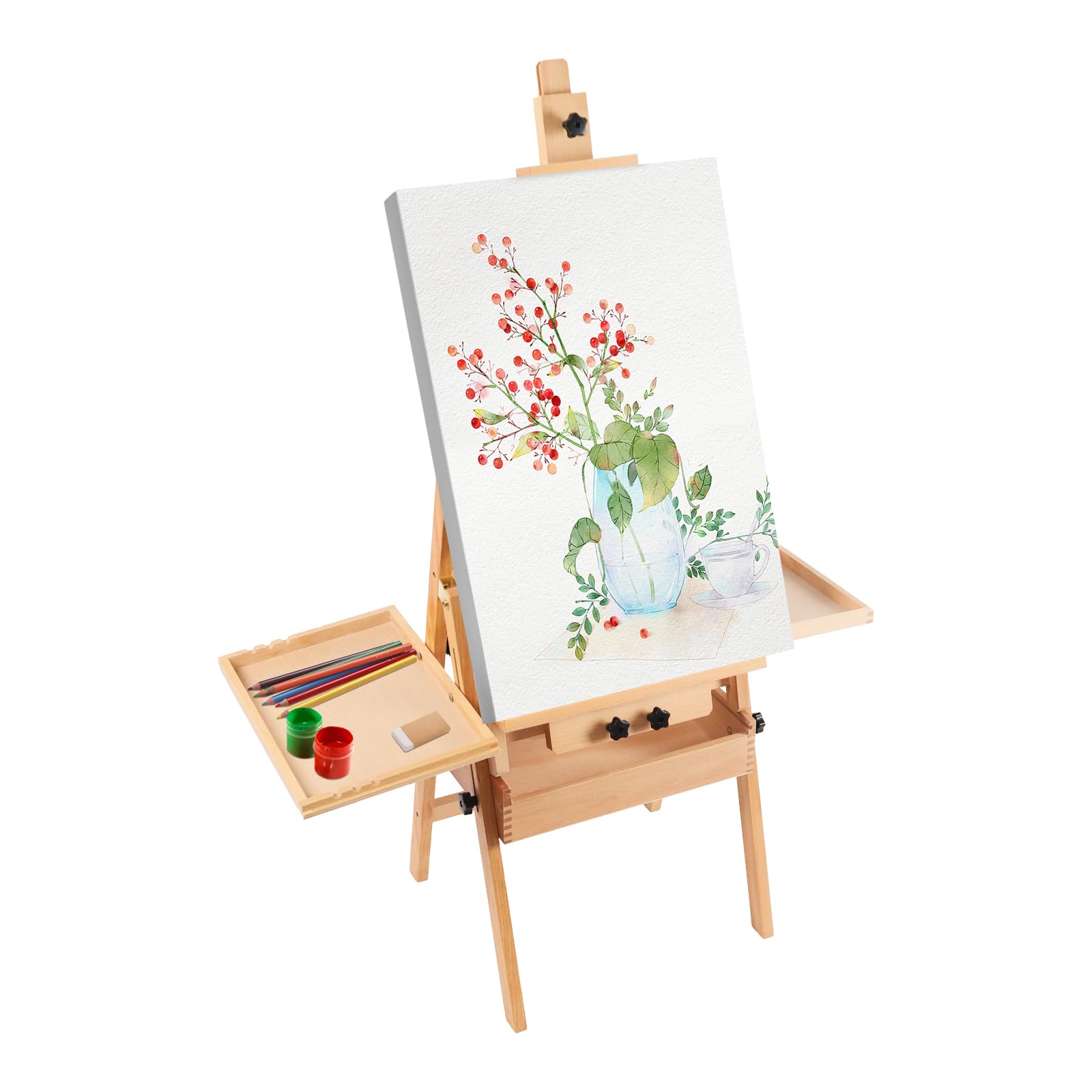 Verstellbarer Malständer, Staffelei aus Holz mit Ablagefach, Atelierstaffelei für Kinder & Erwachsene Kunstunterricht, 44×91×122-207cm (Log Farbe)