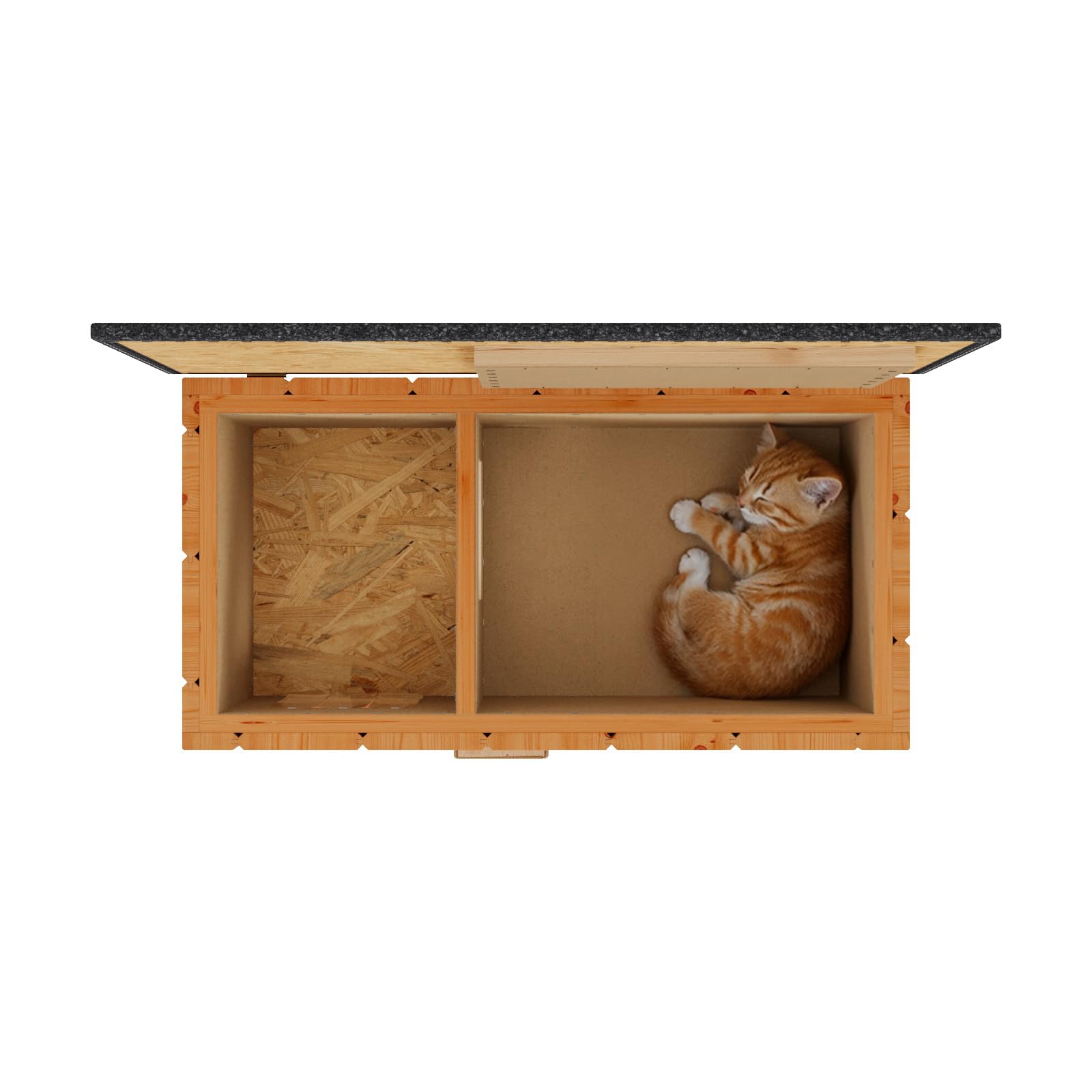 QLS Katzenhaus aus Holz mit Vorraum isoliert 86 x 47 cm Teak | Mit Hauptkammer, Vorraum, aufklappbarem Dach und 2 cm Styroporisolierung. Inklusive Sisal-Kratzbrett und Lamellenvorhang