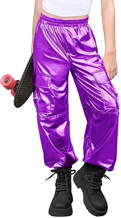 Haloumoning Girls Metallic Cargo Jogger Pants Kids Sparkly Hip Hop Dance Outfits High Waist Pants 5-14 Years