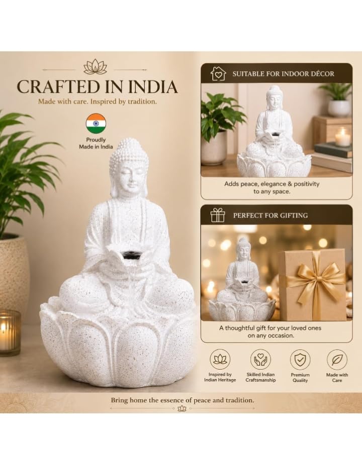 Buddha Water Fountain for Home Decor with LED Light | Indoor Tabletop Water Fountain | Resin Zen Buddha Showpiece | Feng Shui Waterfall for Living Room, Office, Meditation & Gift (White)-image-19