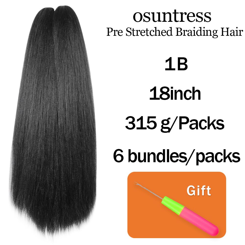 Pelo trenzado preestirado de 18 pulgadas, 6 paquetes, extensiones de pelo largo para trenzas, pelo sintético preestirado 1B (negro natural)