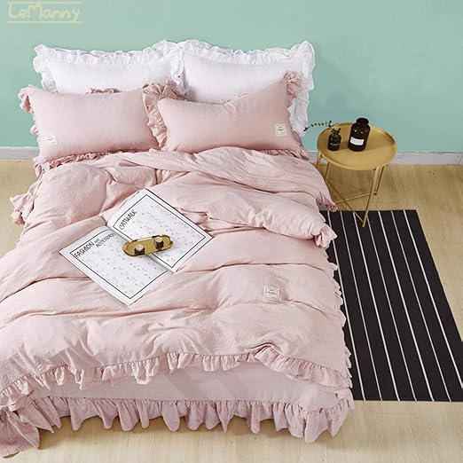 Amazon 4点セット 寝具カバー ベッドスカート 二重フリル 可愛い お姫系 プリンセス お嬢様 セミダブル ダブル 洋式 無地 シンプル 単色 洗い替え 自家用 ピンク 紫 寝具カバーセット オンライン通販