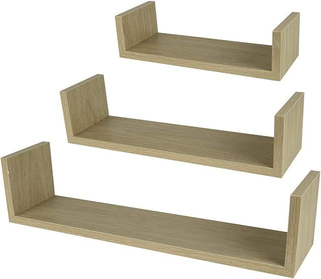 Albert Austin Oak Floating Shelves, Set of 3 Pieces Decorative Wall Mounted U-Shaped Book Shelf Shelving Display Unit for Wall (26, 34, 42 cm)