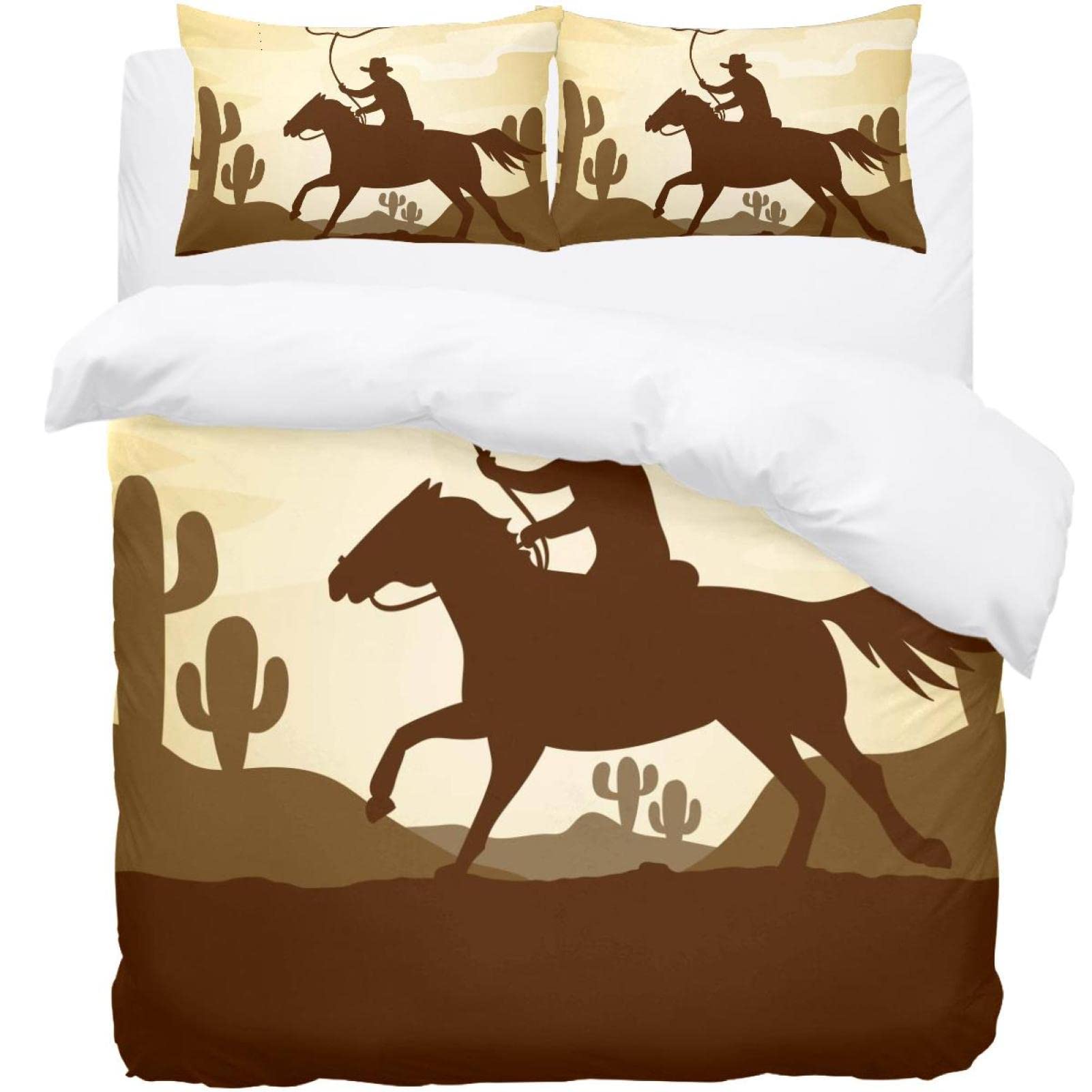 Parure de lit motif cowboy équitation anti-glisse avec housse de couette et deux taies d'oreiller