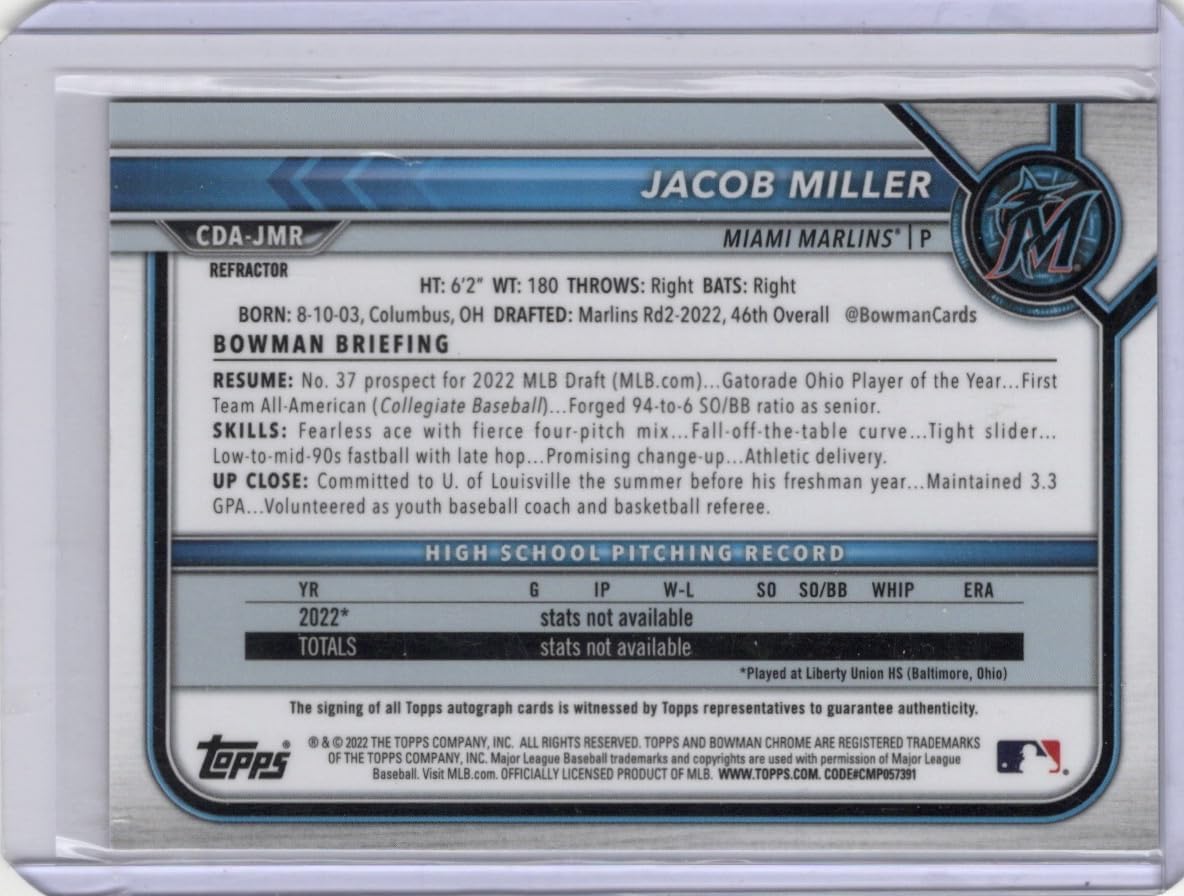 Jacob Miller Autographed & Serial Numbered #477/499 Base Refractor 1st Bowman Chrome Drafts Collectible Baseball Card - 2022 Bowman Chrome Baseball Card #CDA-JMR (Marlins)