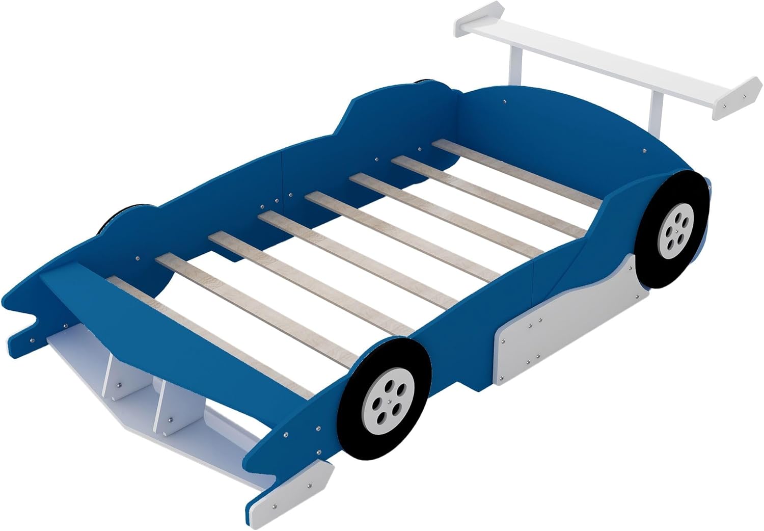 Rhomtree Race Car-Shaped Bed with Wheels, Solid Wood Platform Bed Frame Mattress Foundation Sleigh Bed with Wood Slat Support for Teens Adults Bedroom(Blue, Full)