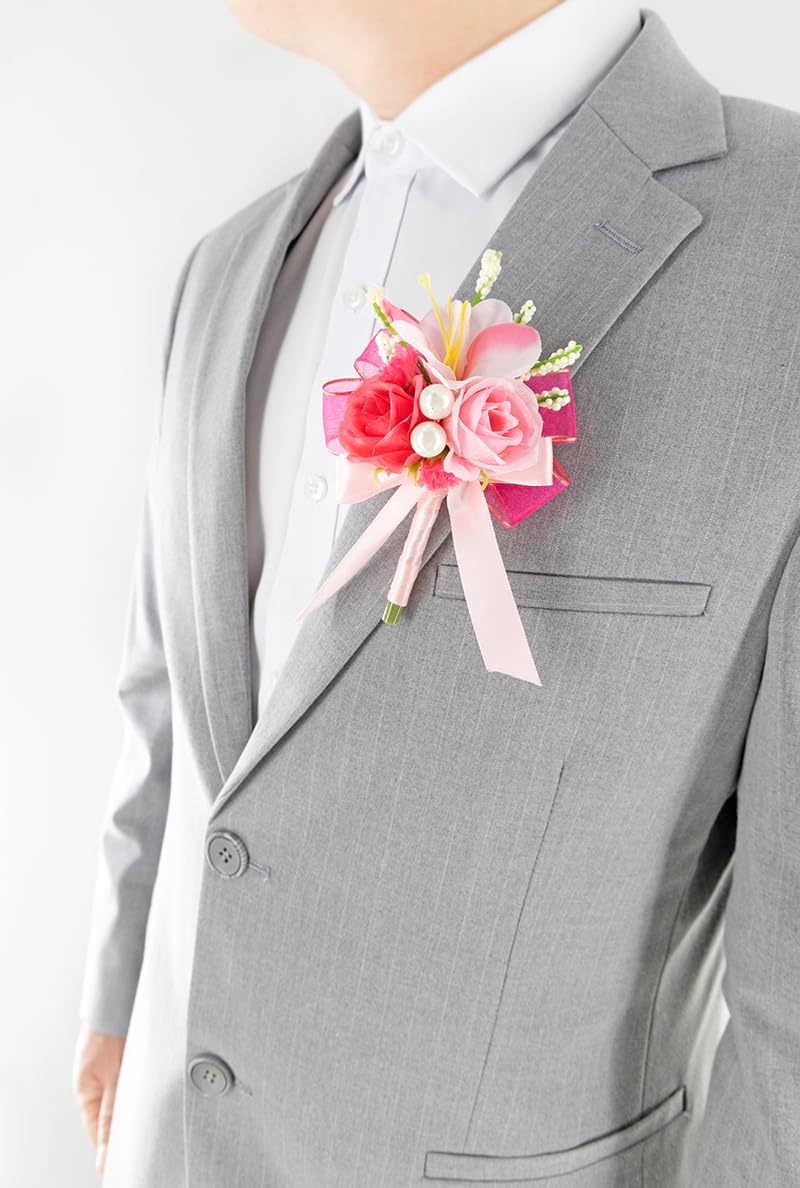 Hot Pink Rose Corsage and Boutonniere Set, Prom Flower Wrist Corsage Wristlet Band Bracelet, Boutonniere for Men Wedding Flowers Accessories Prom Suit Decorations - Image 5