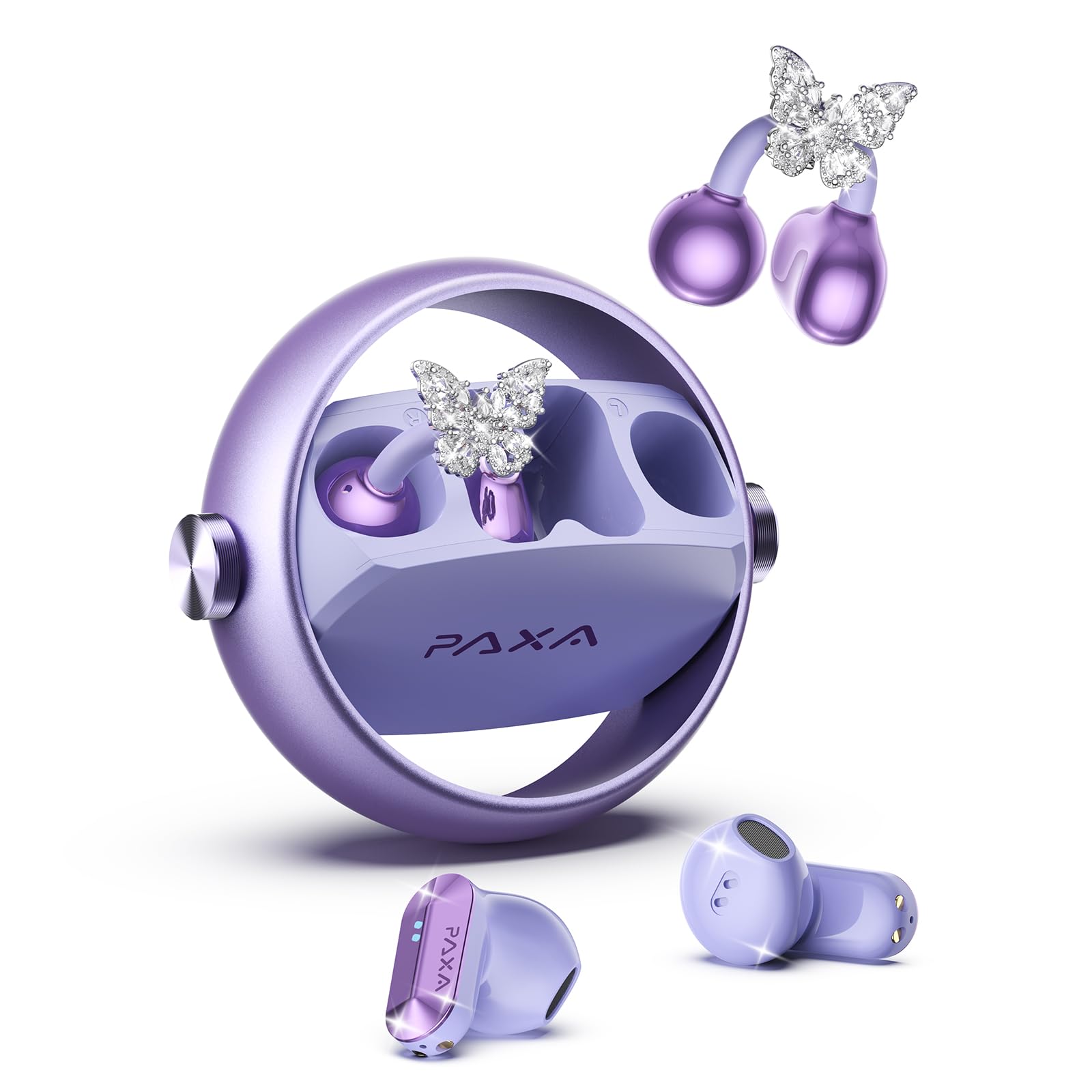 PAXA 3 in 1 Cuffie Open Ear Clip-on con Orecchini Farfalla Diamanti Rimovibile– Auricolari Bluetooth 6.0, Audio HiFi, 140H, Elegante Design Aperto, Ideali per Lo port e Tempo Libero, Ctbuds Viola