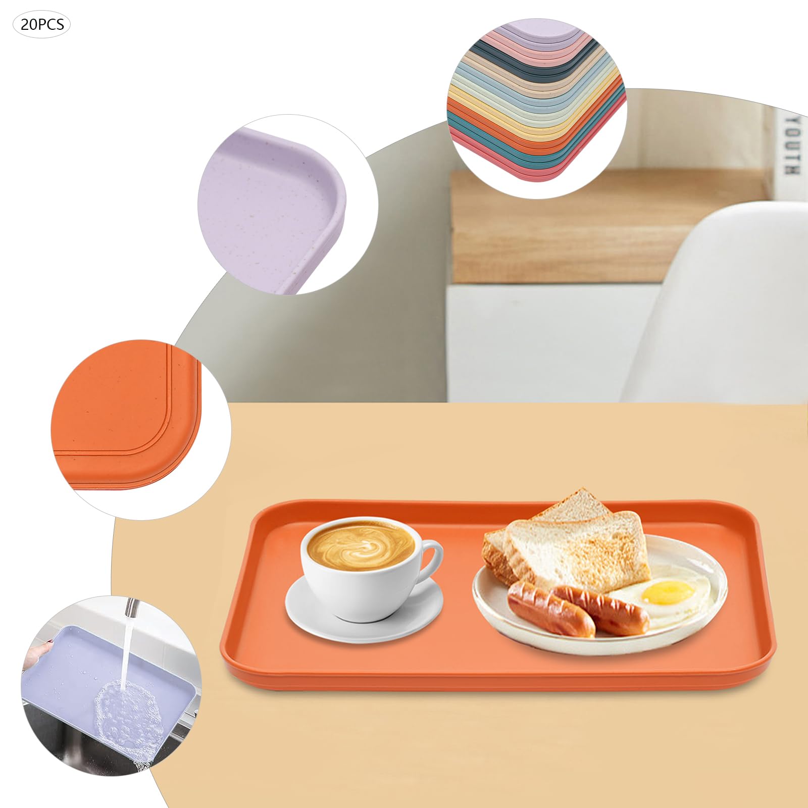Vassoio da portata in plastica, 10 colori, 31 x 22 cm, rettangolare, antiscivolo, per cucina, sala da pranzo, fast food bar e caffetteria, 20 pezzi