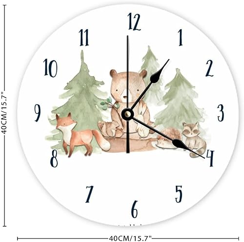 Miniatura 5 de Reloj de pared decorativo, silencioso, sin tictac, acuarela, bosque, animales, redondo, moderno, de madera, para dormitorio, sala de estar, hogar,