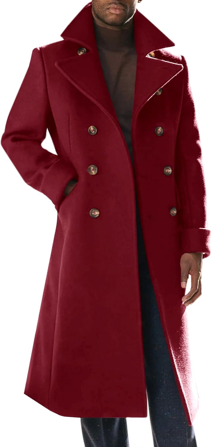 Runcati Mens Trench Coat Notch Lapel Slim Fit Double Breasted Long Pea Coat Winter Warm Overcoat