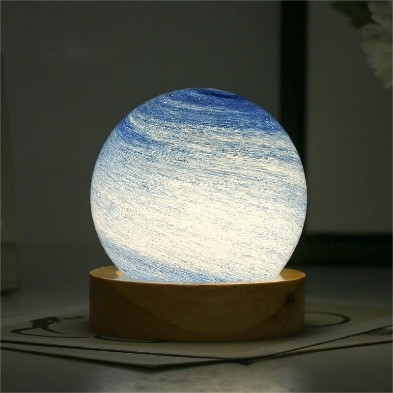 3D Planet Night Light, Glass Art Planet LED Table Mood Lamp, 8CM Kids Galaxy Night Light, Stepless Dimmable Brightness,with USB and Wooden Base,Gift for Baby Girls Boys Birthday (Blue)