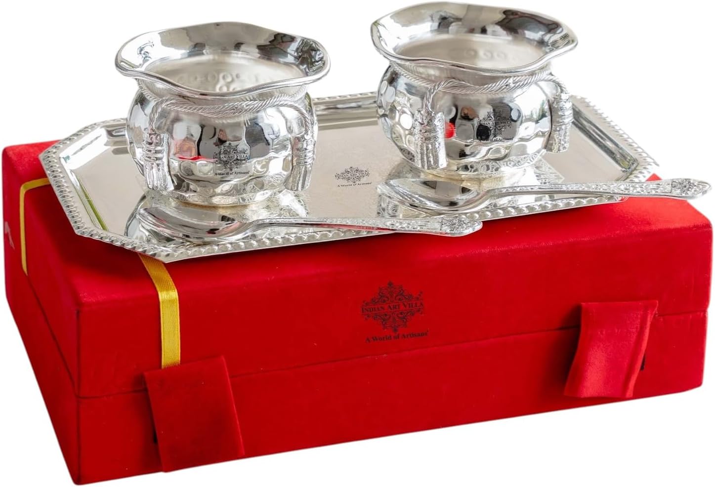 Indian Art Villa Handmade Silver Plated Set of 2 Designer Bowl 2 Spoon 1 Tray comes with gift pack - Dry Fruits Gift Item Decorative Tableware