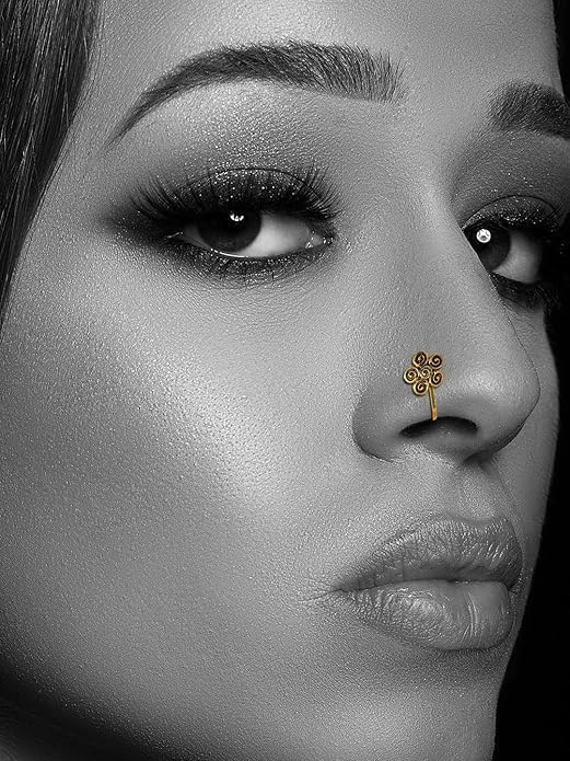 CHARMAURA Non Piercing Traditional Indian Nosepin Pressing Type Clip On Oxidized Silver Nose Ring Pin Stud For Women (1.5cm)