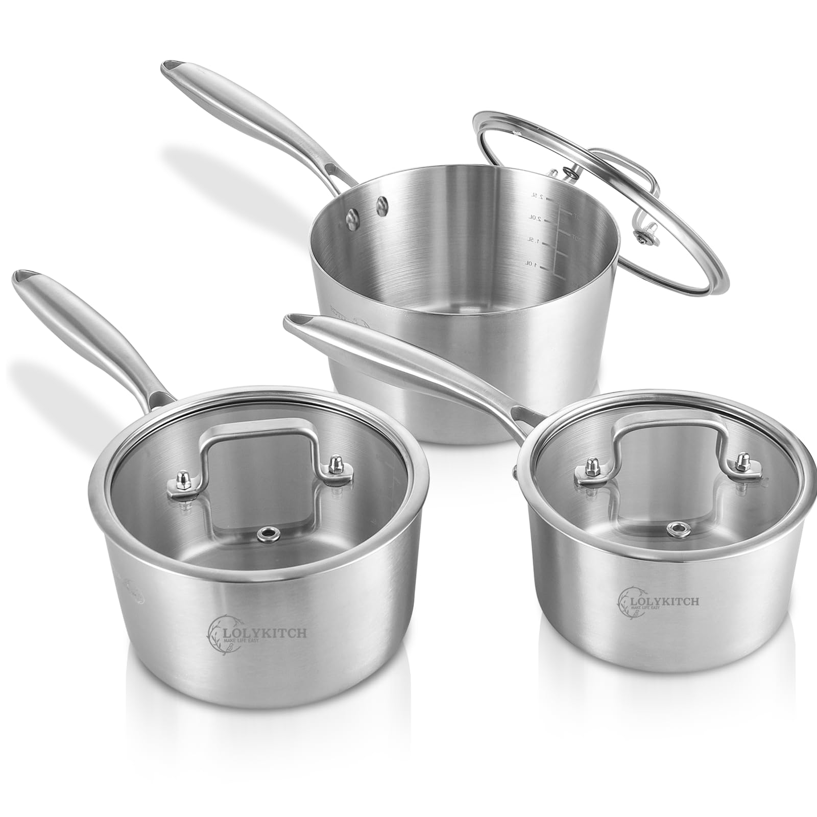 LOLYKITCH 1 & 2 & 3 Quarts Tri-Ply Stainless Steel Saucepan Set