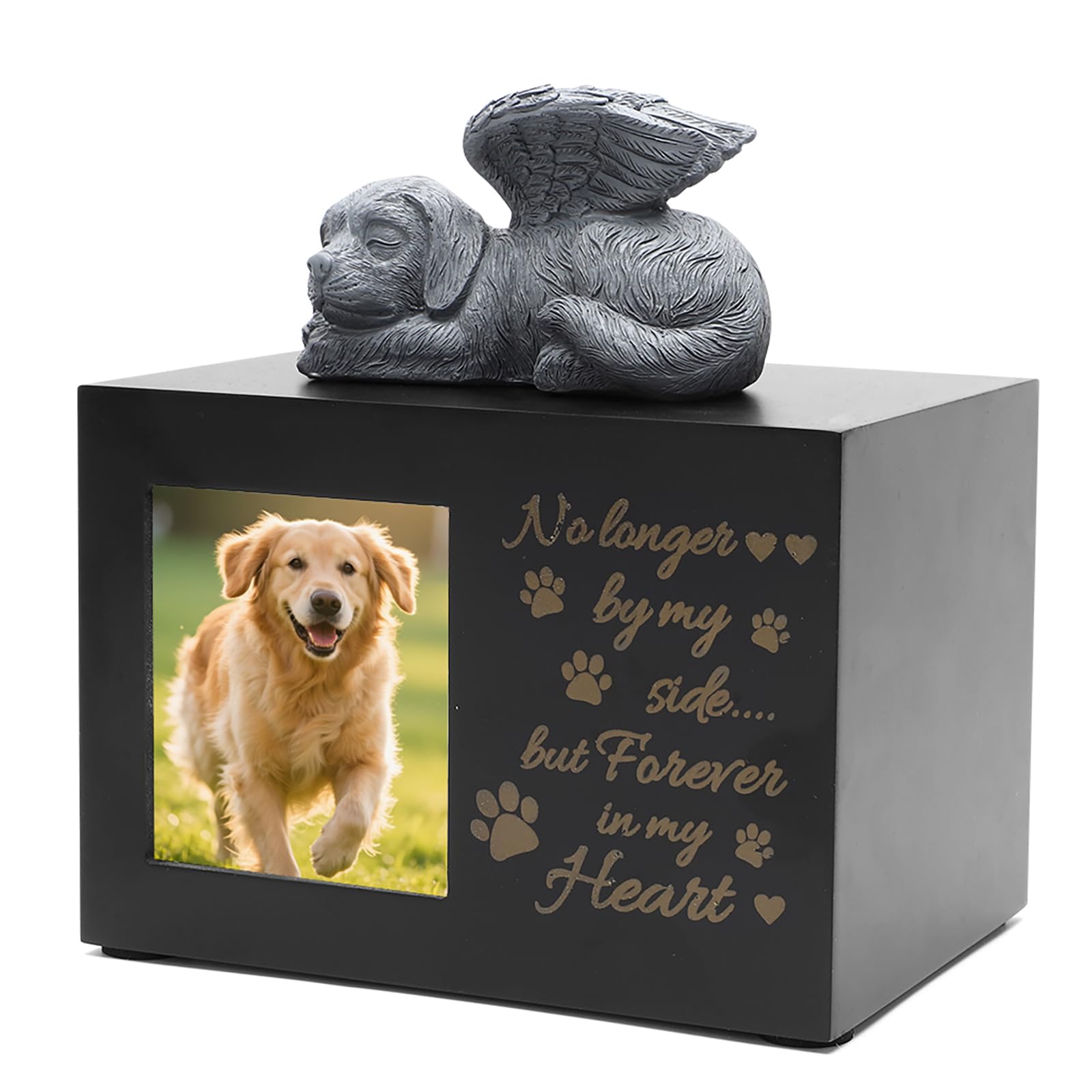 Urna per cani di colore nero, scatola di cremazione per animali domestici, in legno, urne per cani con statua di angelo per cani in resina, scatola di cenere con cornice per foto, regalo