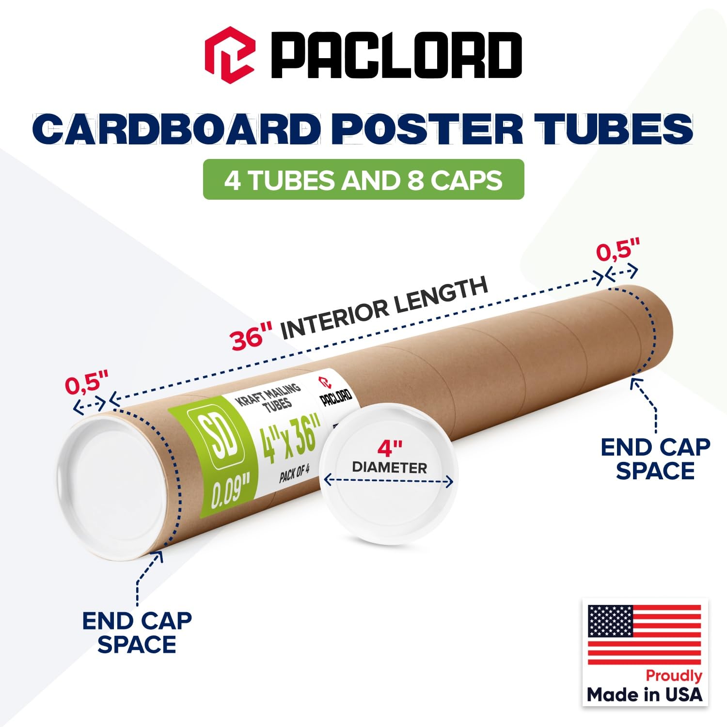 Tubos de correo de papel kraft reforzados de 4 x 36 pulgadas, paquete de 4 tubos con 2 tapas cada uno, tubo de póster aprobado por USPS, tubo de cartón fabricado en Estados Unidos para enviar y