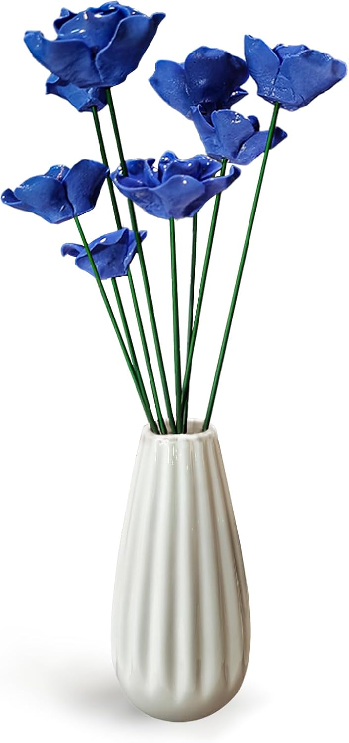 Handmade Ceramic Roses with Vase Set – 8 Artificial Porcelain Flowers and Modern Vase, Non-Fade Wedding Table Centerpiece, Eco-Friendly Home Décor for Living Room, Gift Box Included (Blue)