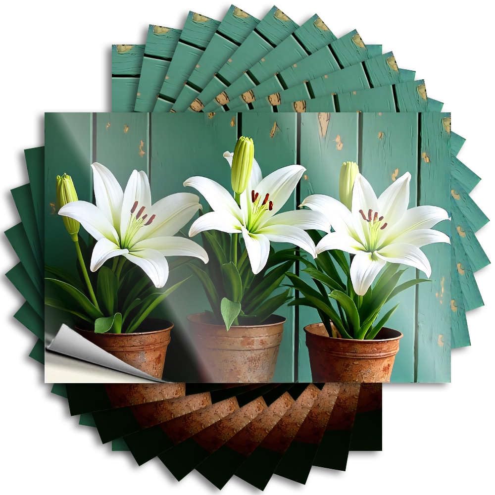 Friends Checkered Decal - Three White Lilies in Rustic Pots. Wall Waterproof Vinyl Sticker(6X9CM)