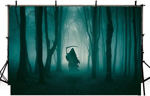 Miniatura 3 de MEHOFOND Telón de fondo de Halloween de bosque oscuro brumoso de 7 x 5 pies para fotografía, fondo misterioso de bosque sombrío para retrato, bruja