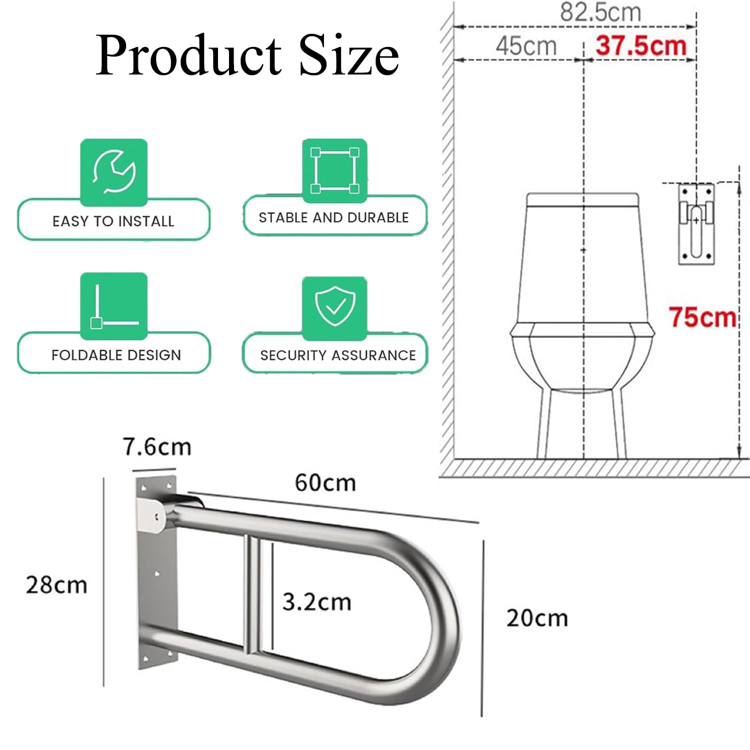 Barra Baño Minusválido,Barra Abatible 60cm,Plegable, Capacidad de Carga 150kg,para Minusválidos,Ancianos y Embarazadas