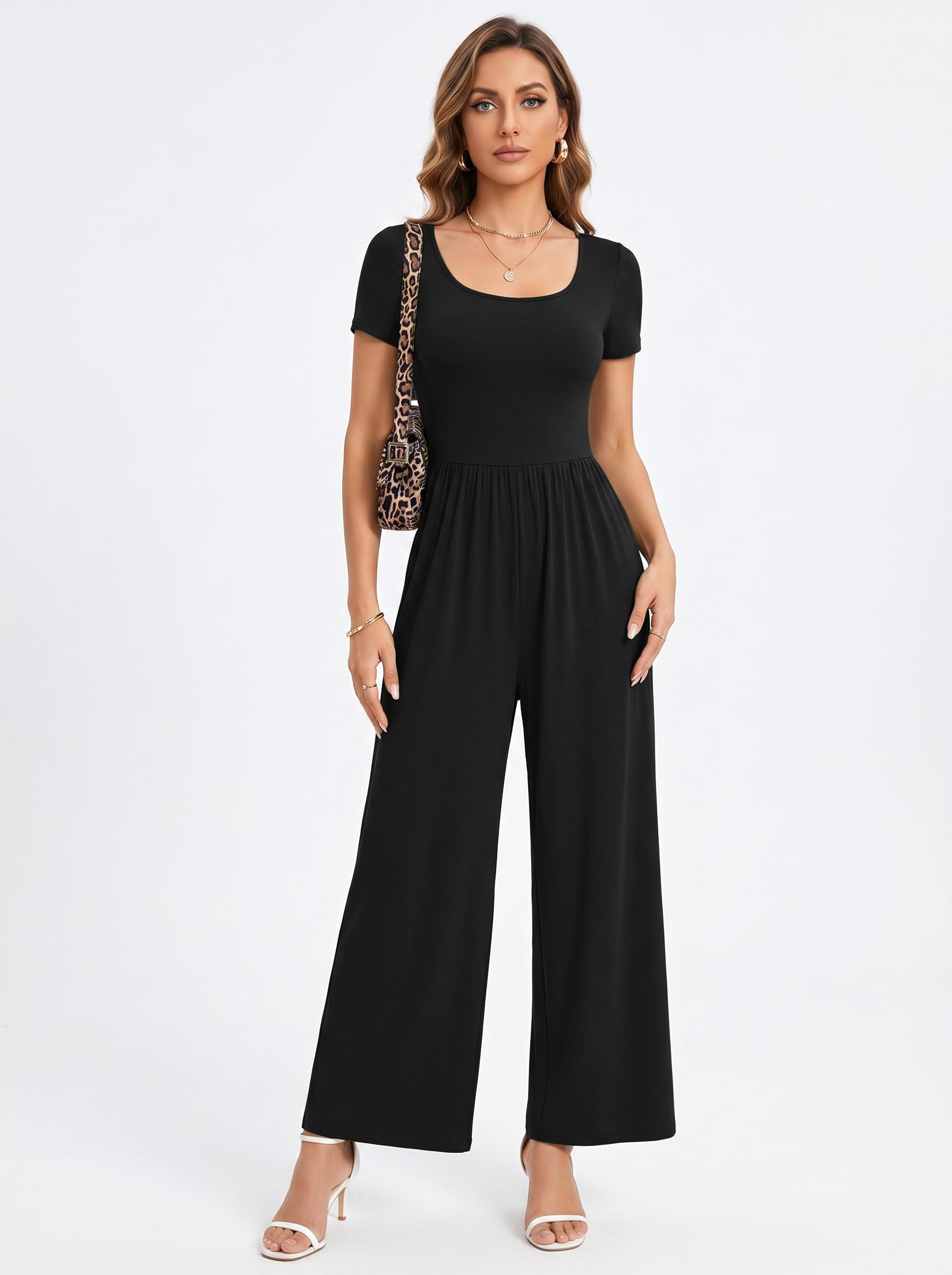 Tuta Intera Donna a Maniche Corte Scollo a U Estiva Casual Jumpsuit a Gamba Larga Palazzo a Vita Alta con Tasche Elegante Slim Fit Monopezzi e Tutine Basic Lungo Overall Elasticizzata Tute