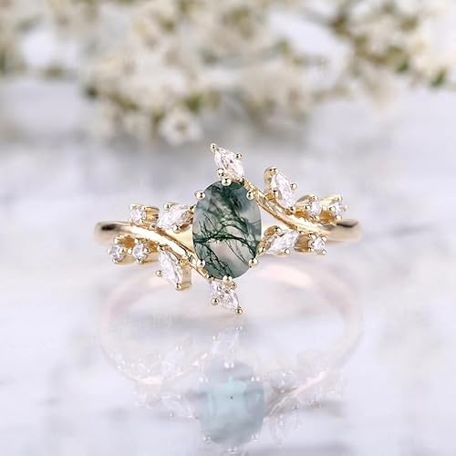 Miniatura 2 de Branch Oval Moss Agate Engagement Ring Bridal Wedding Ring Nature Inspired Floral Leaves Gift For Her Moss Agate Jewelry 925 Sterling Silver (Gold,