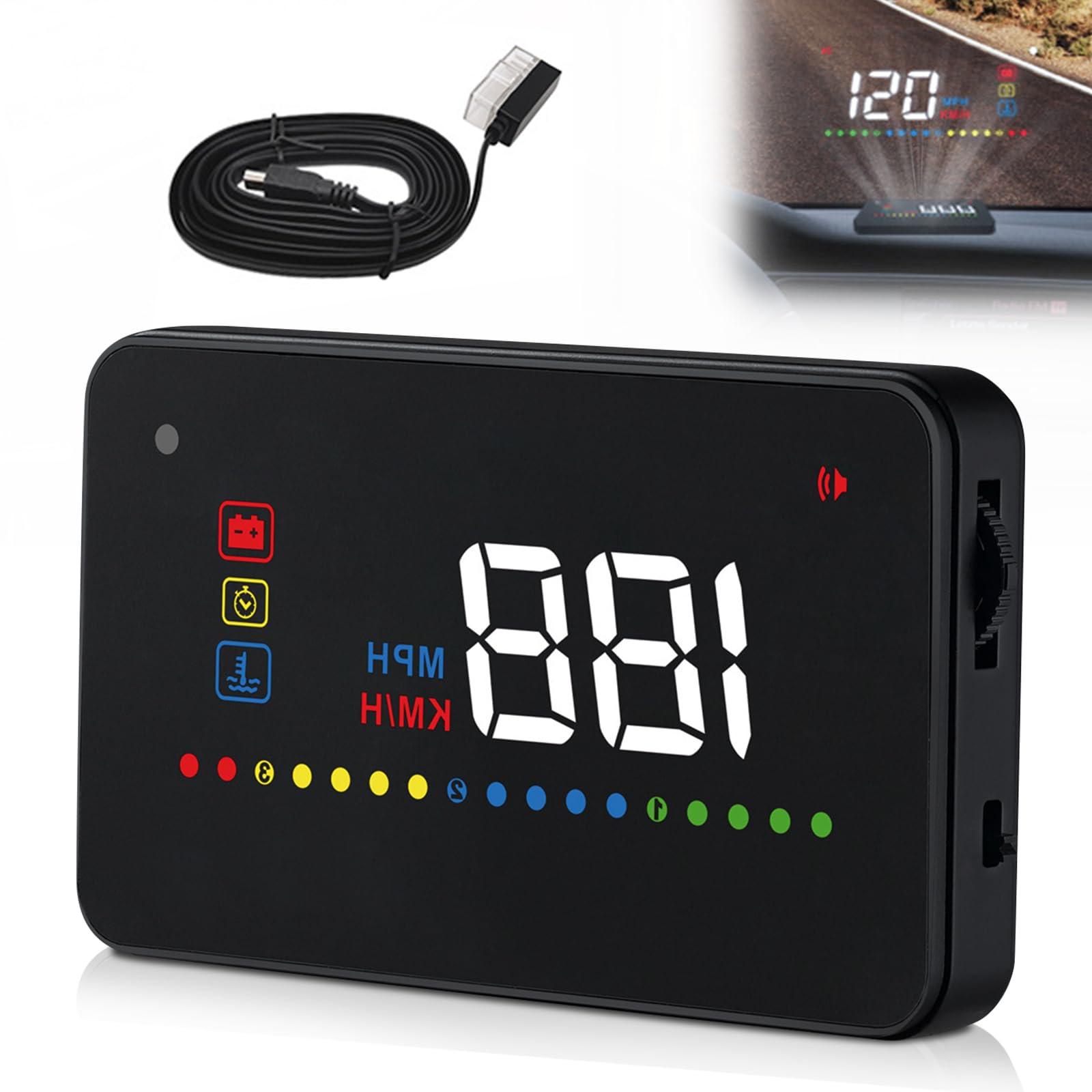 Écran tête haute de 3,5" pour voiture, matériau ABS + PC de qualité supérieure, écran HUD de voiture, affichage LED, compatibilité OBD2, speedomètre, compteur de vitesse, pour une utilisation