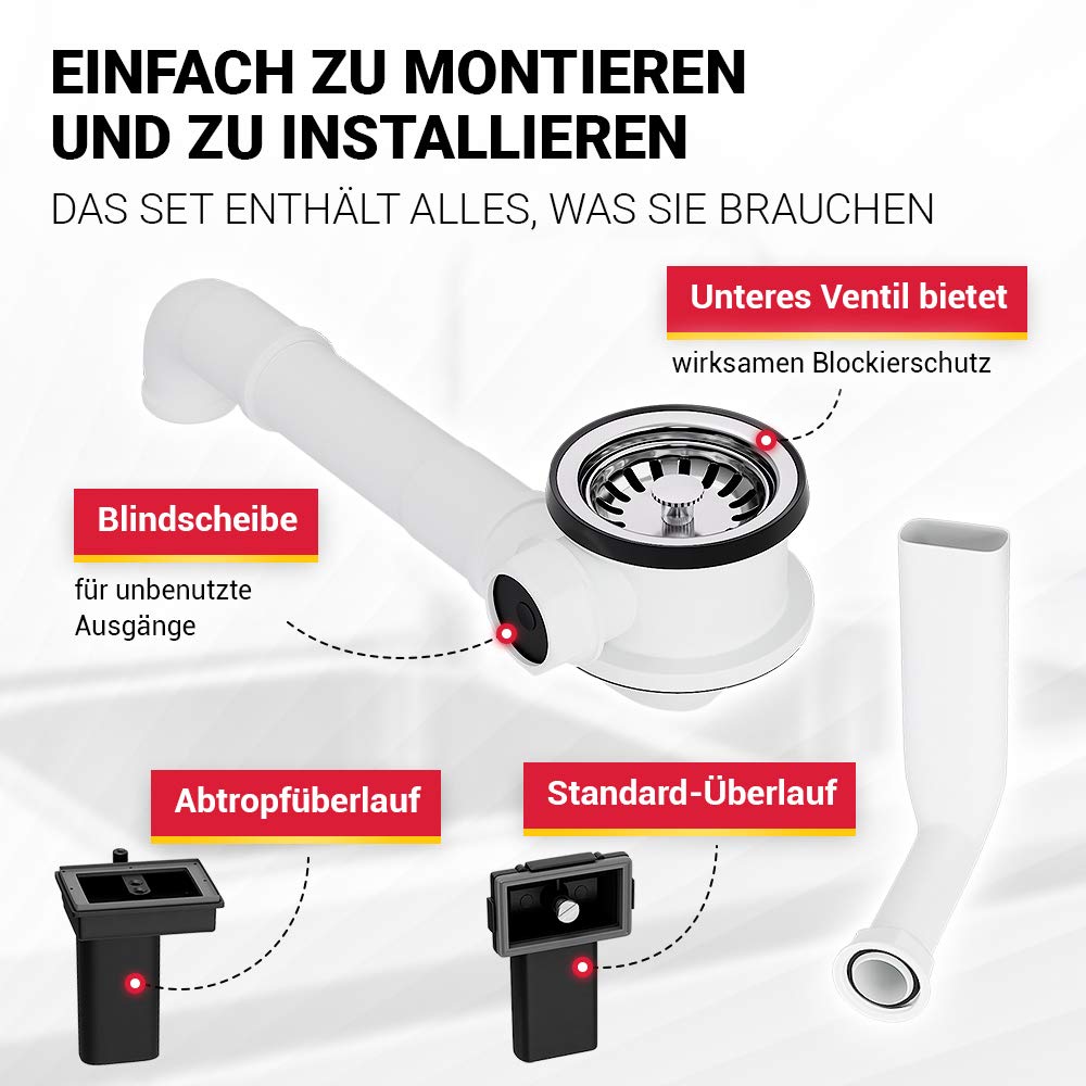AQUADE Waschbecken Ablaufgarnitur mit Siebkorbventil 70mm mit Raumschaffer Ablaufventil, Spüle mit Überlauf