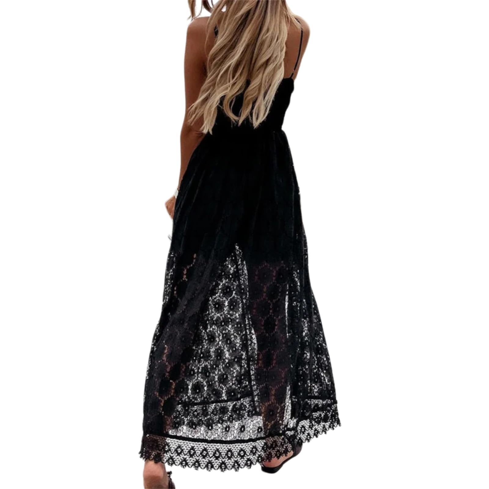 Vestito Donna Elegante Pizzo Midi Abito V Collo Senza Maniche Cavo Fuori Estivo per Festa Indossamento Casual-Black-s