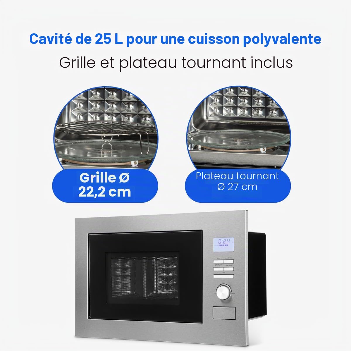 Bomann MWG3001HEB Micro-ondes encastrable 3 en 1 avec grill et air chaud, écran LCD, 8 programmes automatiques, fonction minuterie, espace de cuisson 25 l, intérieur en acier inoxydable, argenté