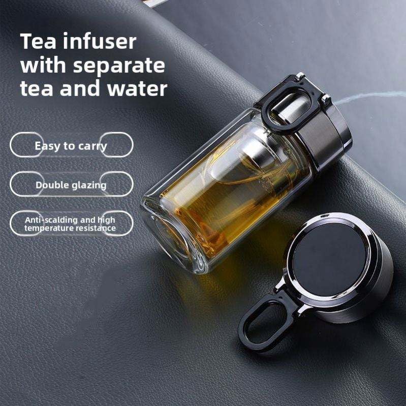 Image of NYRWANA Double Wall Borosilicate Glass Tea & Coffee Mug with Lid & Tea Infuser | 200 ml Portable Glass Tumbler | Leak-Resistant Screw Cap | Insulated Travel Cup with Handle for Office, Home & Car