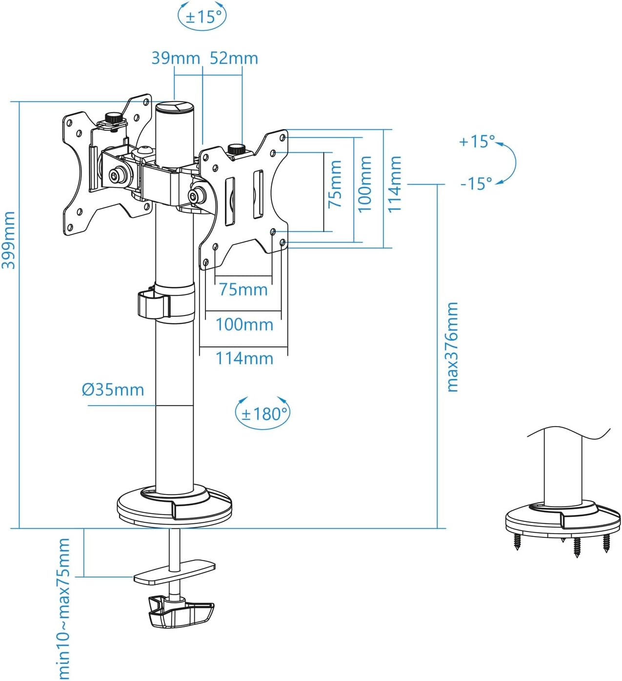 TOOQ DB1132TN-B - Table Stand for 2 Screens from 17 to 32 Inches, VESA 75 x 75 and 100 x 100 mm, Steel, Black
