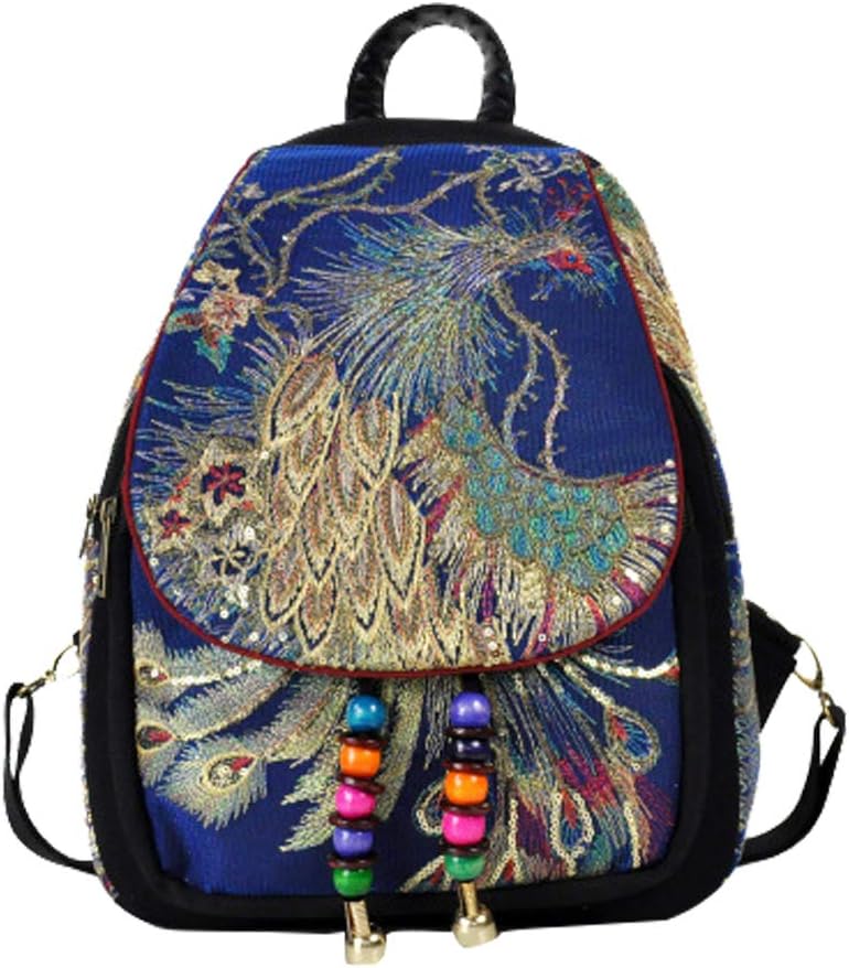 Vintage Canvas Boho Sequin Backpack For Women - With Phoenix Sequin Embroidery