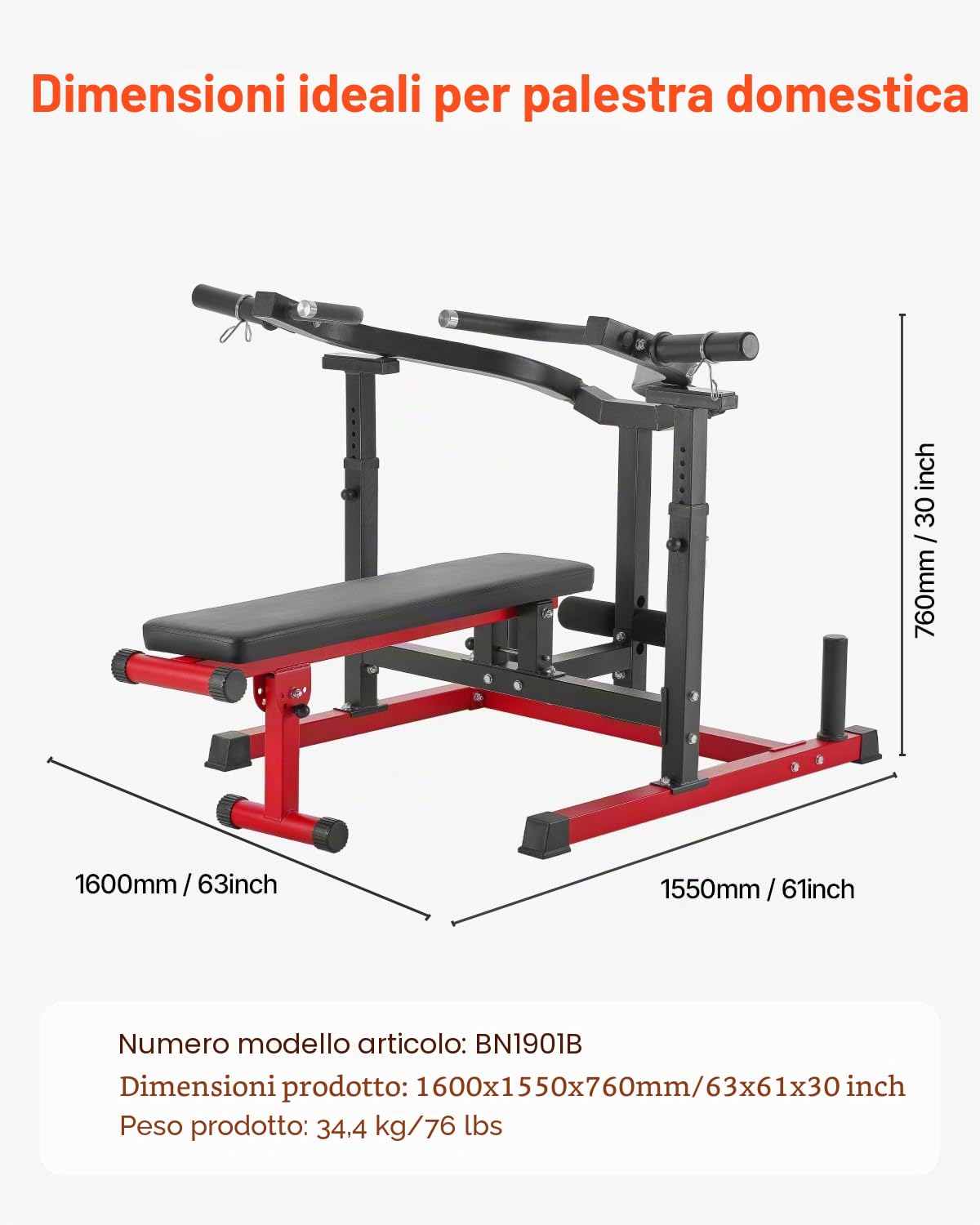 VEVOR Macchina per Pressa Toracica 1600 x 1550 x 760mm Set per Distensioni su Panca 204,11 kg Panca Inclinata Piana Regolabile con Bracci Convergenti Indipendenti, Attrezzatura per Palestra Domestica