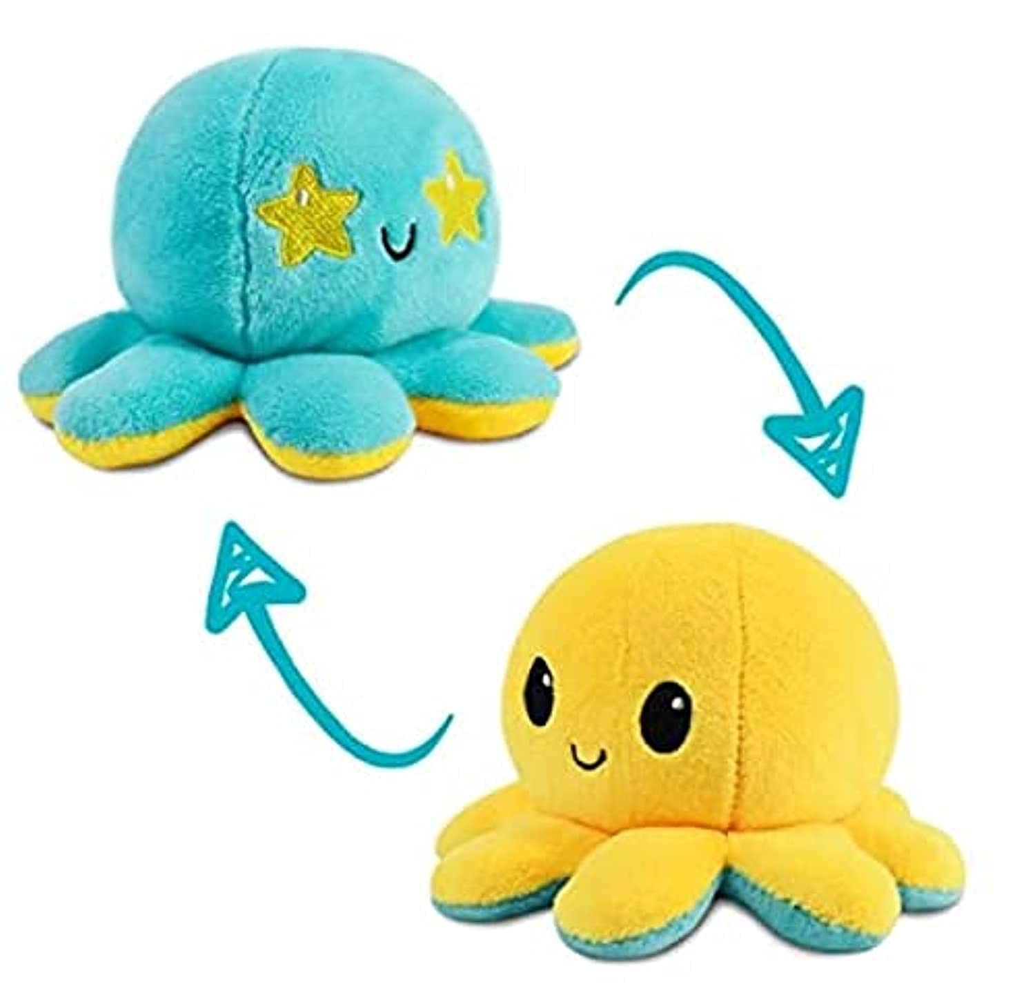 Reversible Octopus Plushie Soft Toys, Double-Sided Flip Stuffed Animal Mood Plush Show Your Mood Without Saying a Word, A Gift for Kids and Decorations| Happy + Starry | (Yellow + Aqua)