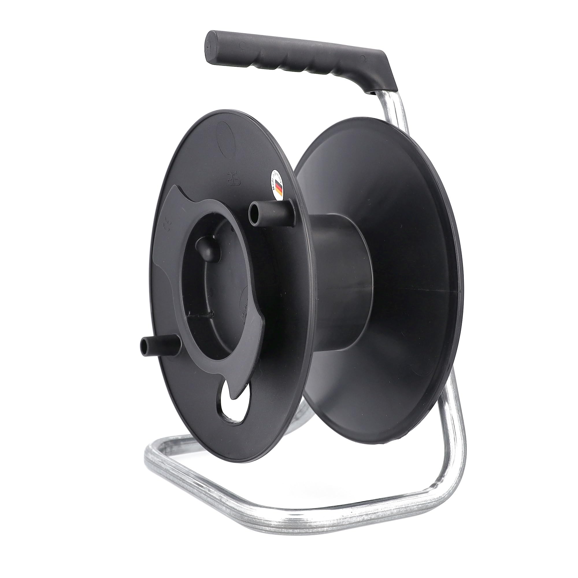 as - Schwabe carrete universal vacío Ø230 mm, de plástico resistente a impactos, con enrollador de cable, bastidor galvanizado, freno de estacionamiento, Made in Germany