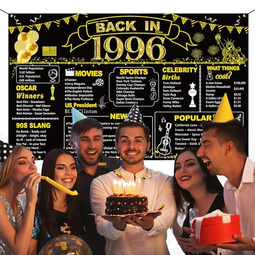 Image of DARUNAXY 30th Birthday Black Gold Party Decoration, Back in 1996 Banner 30 Year Old Birthday Party Poster Supplies Vintage 1996 Backdrop Photography Background for Men & Women 30th Class Reunion Decor